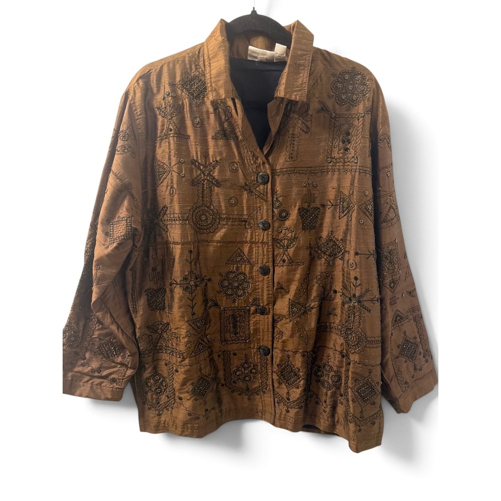 Chicos Design Silk Embroidered Beaded Button Down Shirt Bronze Brown Size 2